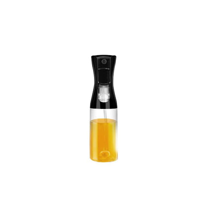 220ml glass oil spray bottle with a black plastic nozzle, filled with oil. Ideal for controlled dispensing of oil or vinegar in cooking and grilling.