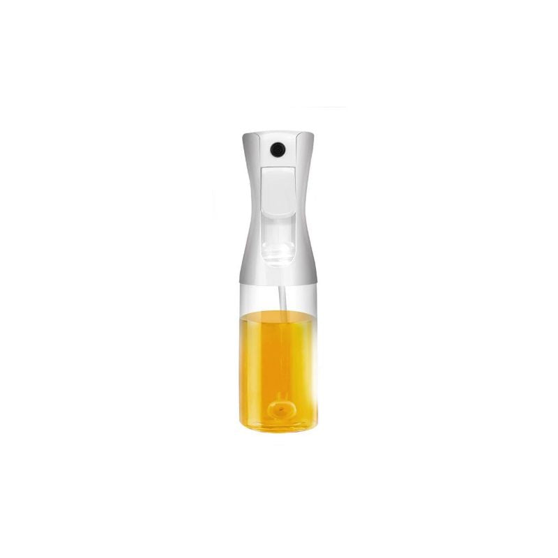 220ml glass oil spray bottle with a white plastic nozzle, filled with oil. Ideal for controlled dispensing of oil or vinegar in cooking and grilling.