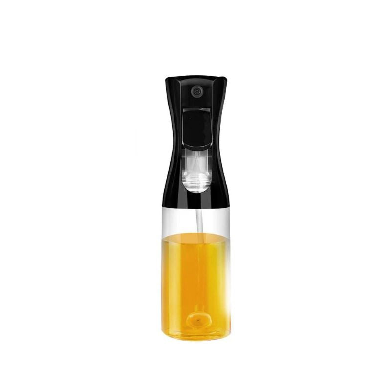 300ml oil spray bottle with a black plastic nozzle, filled with oil. Perfect for controlled oil and vinegar dispensing in cooking, grilling, and salad dressing.