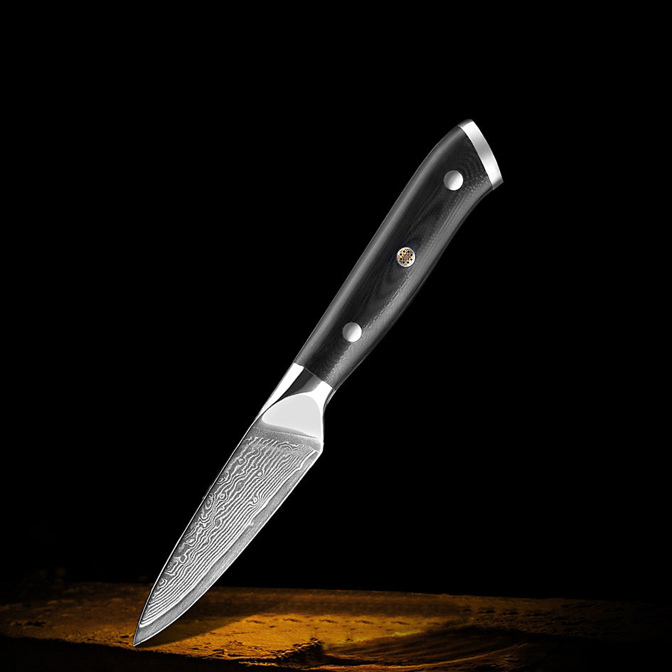 Kitchen Knives Professional Damascus – Precision paring knife with a Damascus steel blade and ergonomic black handle, designed for detailed and delicate cutting tasks.