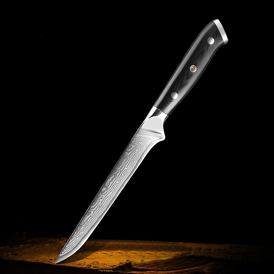 Kitchen Knives Professional Damascus – 6'' Boning Knife with a razor-sharp Damascus steel blade and ergonomic black handle, designed for precision meat trimming and filleting.