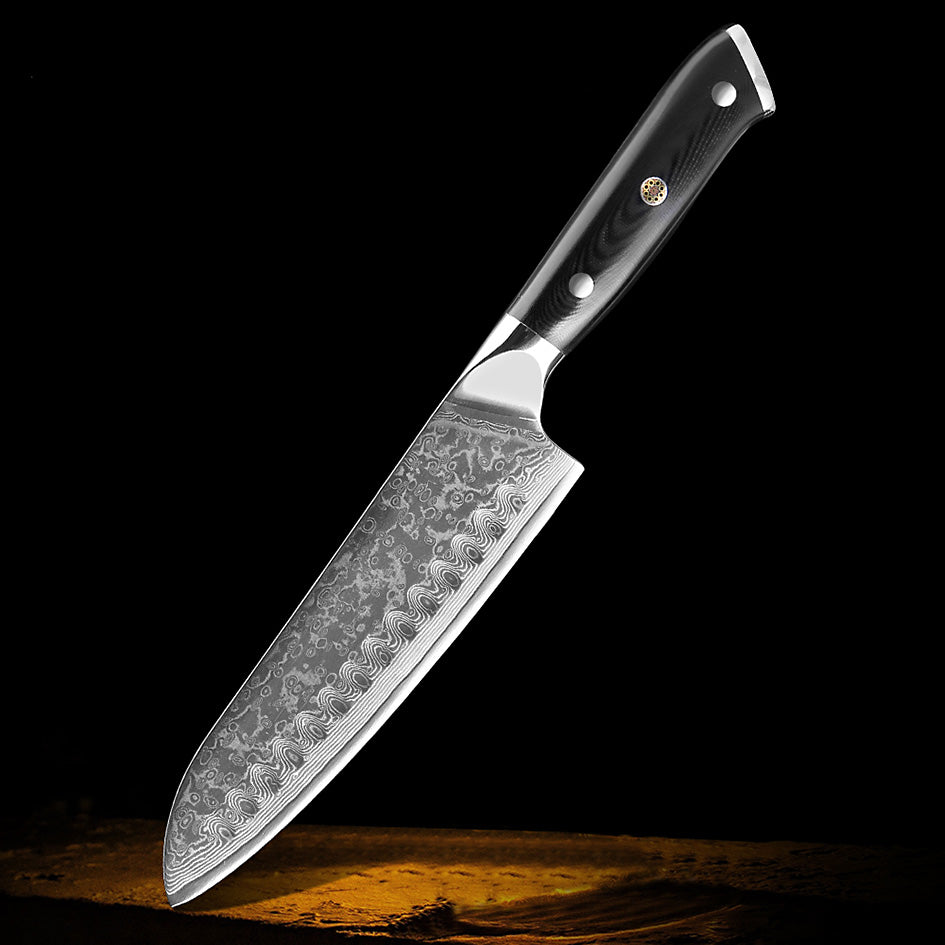Kitchen Knives Professional Damascus – 7'' Santoku Knife with a high-carbon Damascus steel blade and ergonomic black handle, perfect for precision slicing, dicing, and chopping.