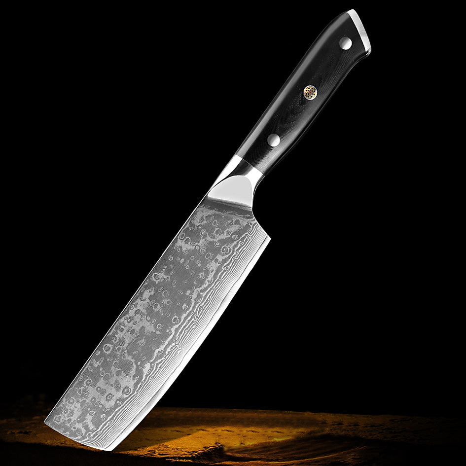 Kitchen Knives Professional Damascus – 7'' Nakiri Knife with a high-carbon Damascus steel blade and ergonomic black handle, ideal for precision vegetable chopping and slicing.