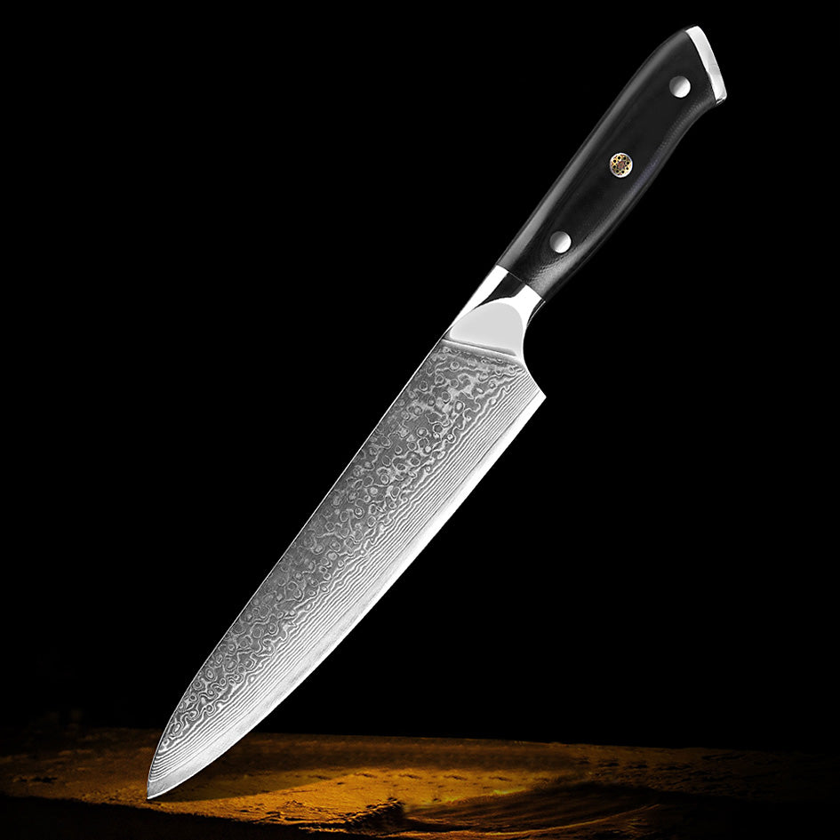 Kitchen Knives Professional Damascus – 8'' Chef Knife crafted from high-carbon Damascus steel with an ergonomic black handle, designed for precision cutting and versatility in the kitchen.