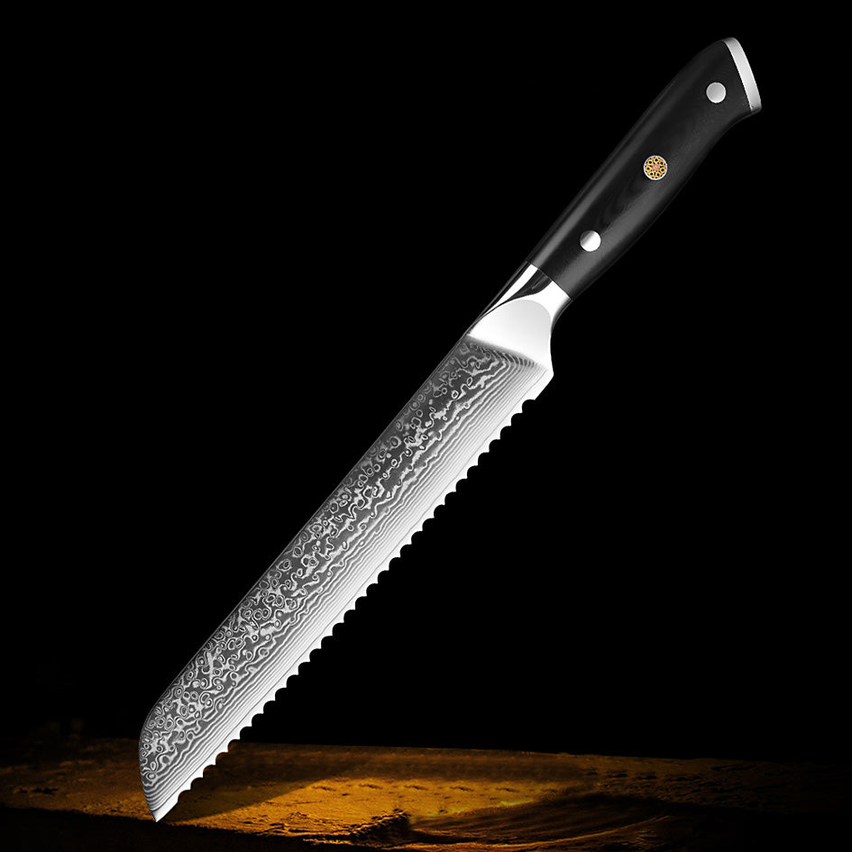 Kitchen Knives Professional Damascus – 8'' Bread Knife with a high-carbon Damascus steel serrated blade and ergonomic black handle, ideal for effortlessly slicing bread and baked goods.