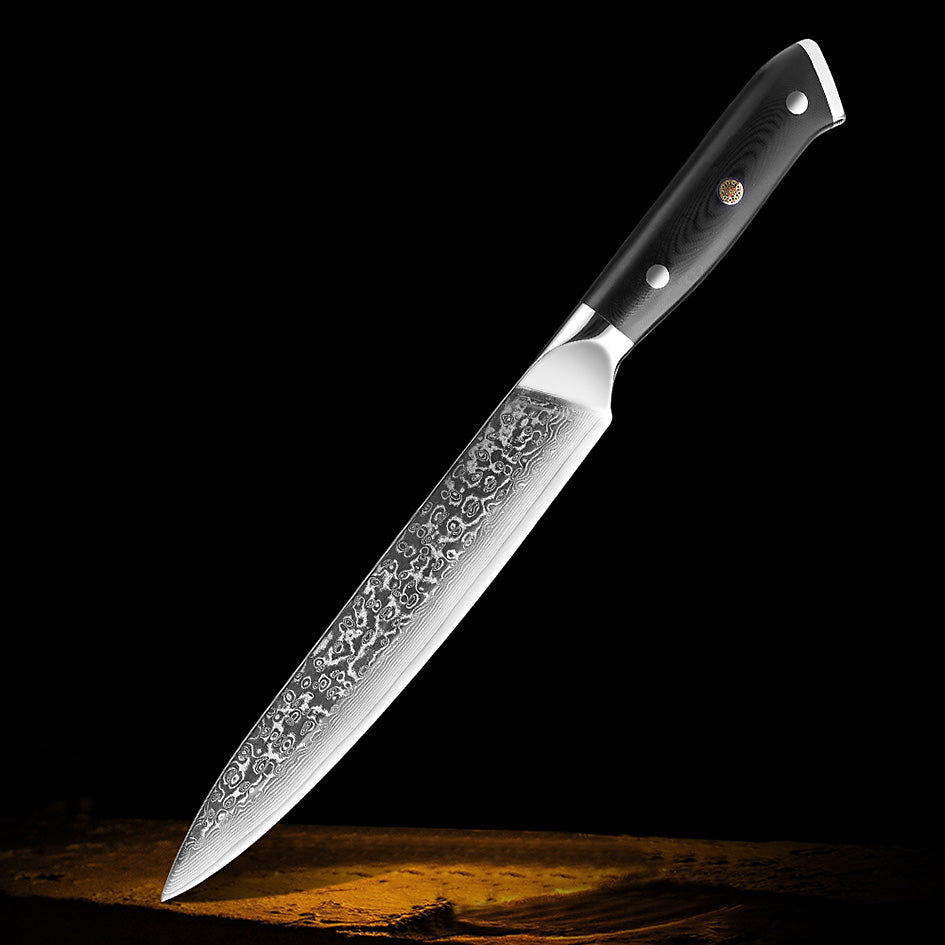 Kitchen Knives Professional Damascus – 8'' Slicing Knife featuring a razor-sharp Damascus steel blade, ideal for precision slicing of meats and roasts, with an ergonomic black handle for comfort and control.