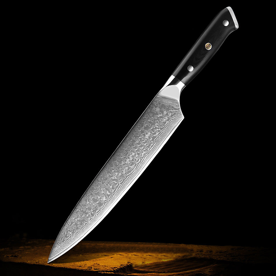 Kitchen Knives Professional Damascus – 9.5'' Chef Knife made from high-carbon Damascus steel, featuring an ergonomic black handle for superior balance and precision cutting.