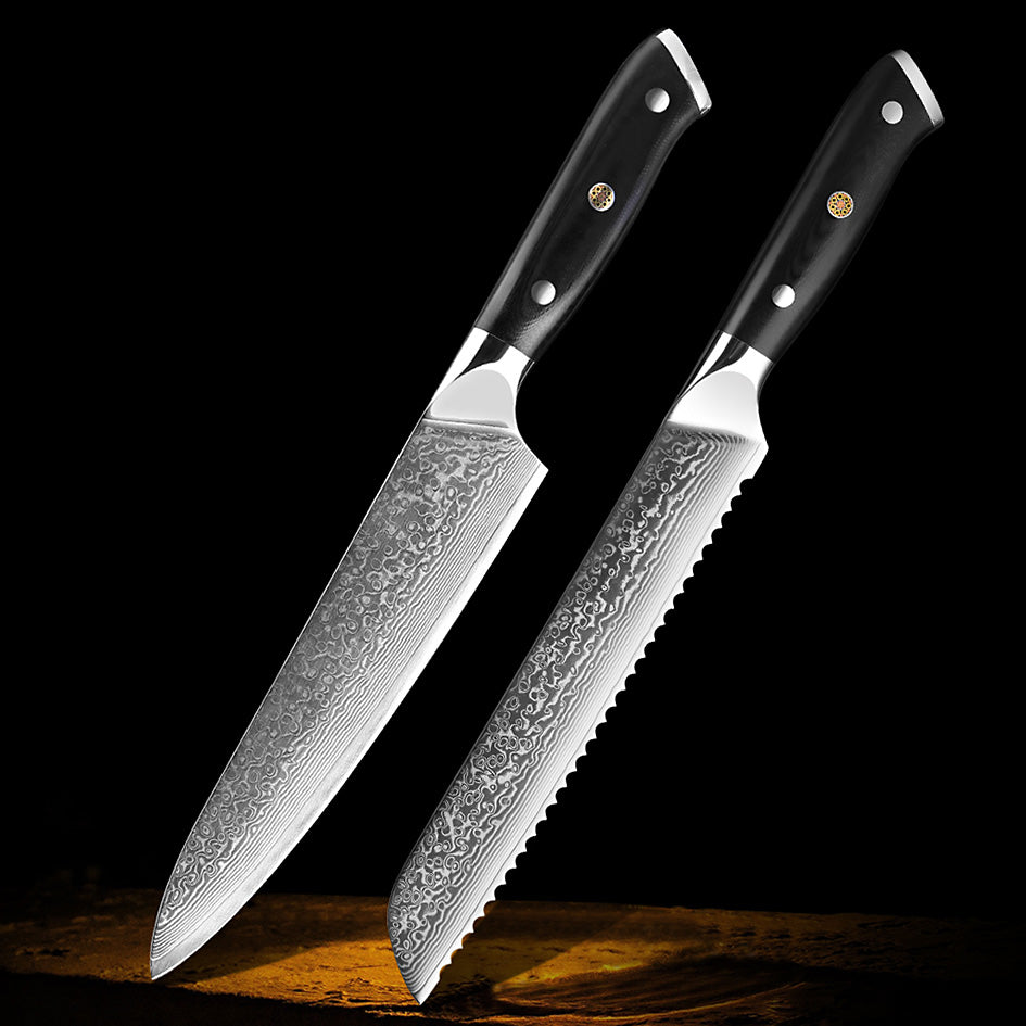 Professional Damascus Kitchen Knife Set – A premium collection of 2 high-quality Damascus steel knives with ergonomic black handles, crafted for precision and durability.