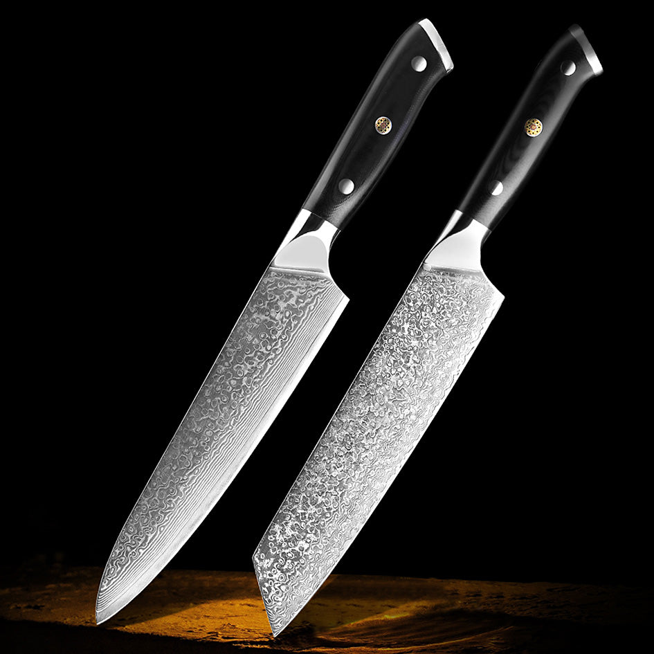 Professional Damascus Kitchen Knife Set – A premium collection of 2 high-quality Damascus steel knives with ergonomic black handles, crafted for precision and durability.