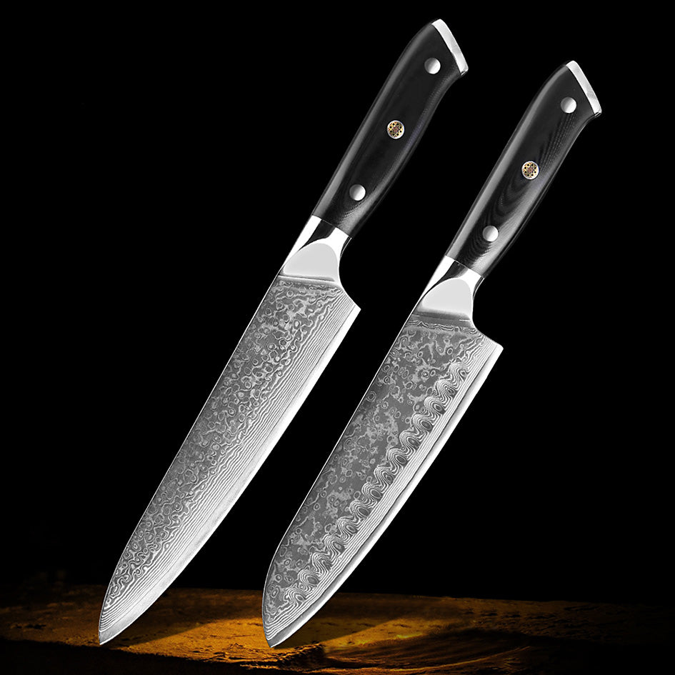 Professional Damascus Kitchen Knife Set – A premium collection of 2 high-quality Damascus steel knives with ergonomic black handles, crafted for precision and durability.