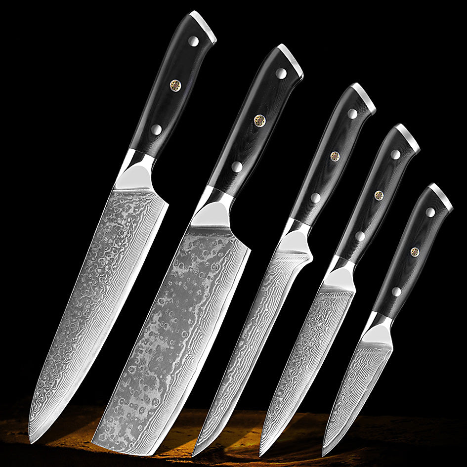 Professional Damascus Kitchen Knife Set – A premium collection of 5 high-quality Damascus steel knives with ergonomic black handles, crafted for precision and durability.