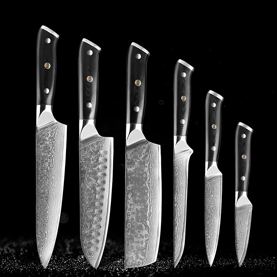 Professional Damascus Kitchen Knife Set – A premium collection of 6 high-quality Damascus steel knives with ergonomic black handles, crafted for precision and durability.