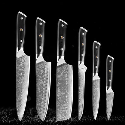 Professional Damascus Kitchen Knife Set – A premium collection of 6 high-quality Damascus steel knives with ergonomic black handles, crafted for precision and durability.