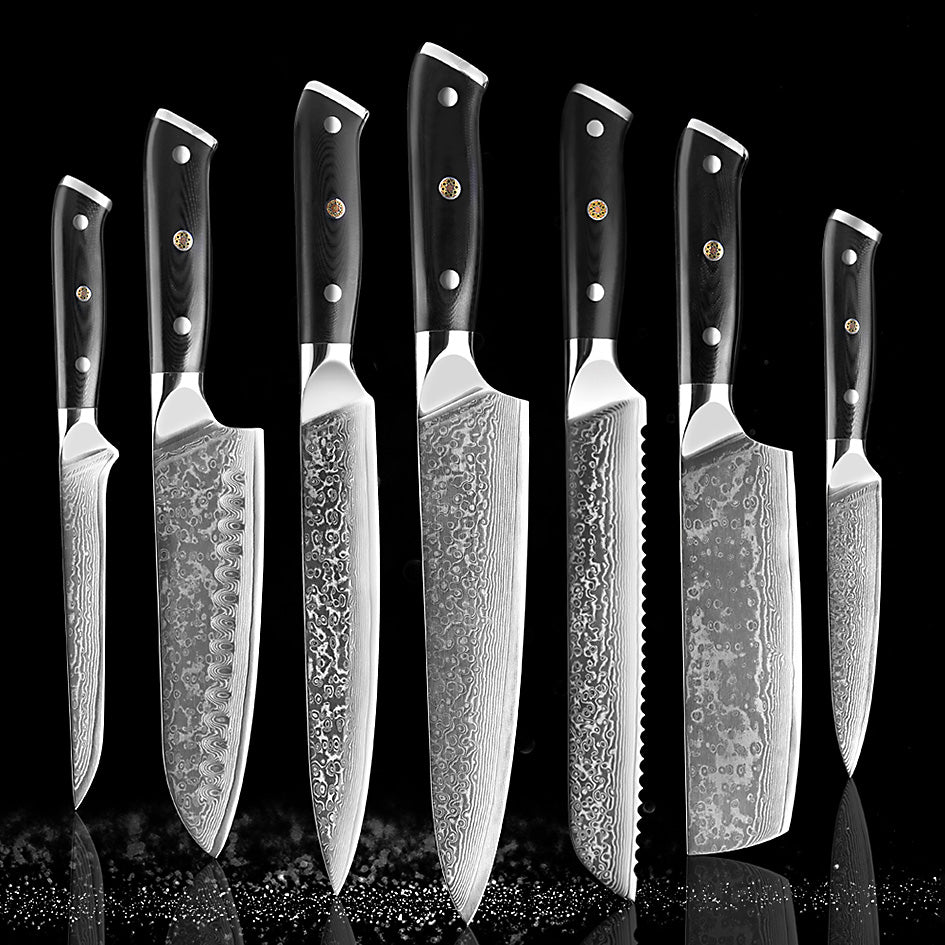 Professional Damascus Kitchen Knife Set – A premium collection of 7 high-quality Damascus steel knives with ergonomic black handles, crafted for precision and durability.
