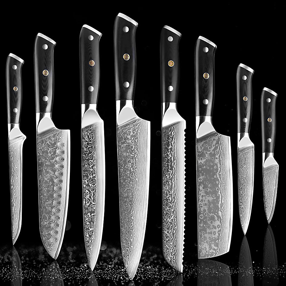 Professional Damascus Kitchen Knife Set – A premium collection of 8 high-quality Damascus steel knives with ergonomic black handles, crafted for precision and durability.