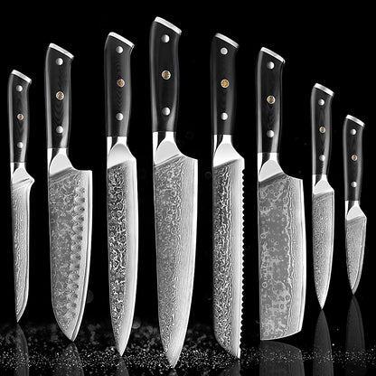 Professional Damascus Kitchen Knife Set – A premium collection of 8 high-quality Damascus steel knives with ergonomic black handles, crafted for precision and durability.