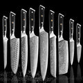 Professional Damascus Kitchen Knife Set – A premium collection of 9 high-quality Damascus steel knives with ergonomic black handles, crafted for precision and durability.