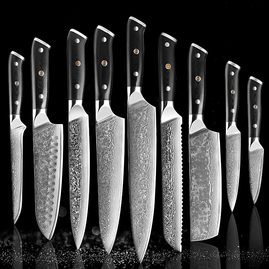 Professional Damascus Kitchen Knife Set – A premium collection of 9 high-quality Damascus steel knives with ergonomic black handles, crafted for precision and durability.