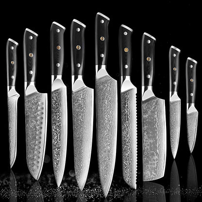 Professional Damascus Kitchen Knife Set – A premium collection of 9 high-quality Damascus steel knives with ergonomic black handles, crafted for precision and durability.