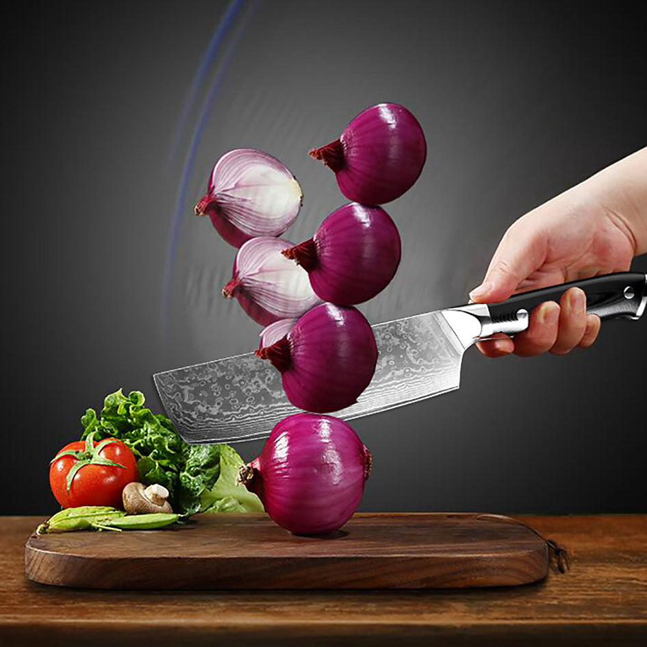 Kitchen Knives Professional Damascus – High-precision Damascus steel knife slicing red onions in mid-air, showcasing its sharpness and efficiency in food preparation.