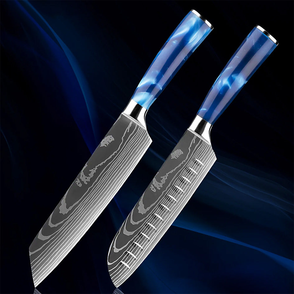Two Razor Sharp Kitchen Knives with Damascus-style blades and elegant blue resin handles, displayed against a dark blue background.