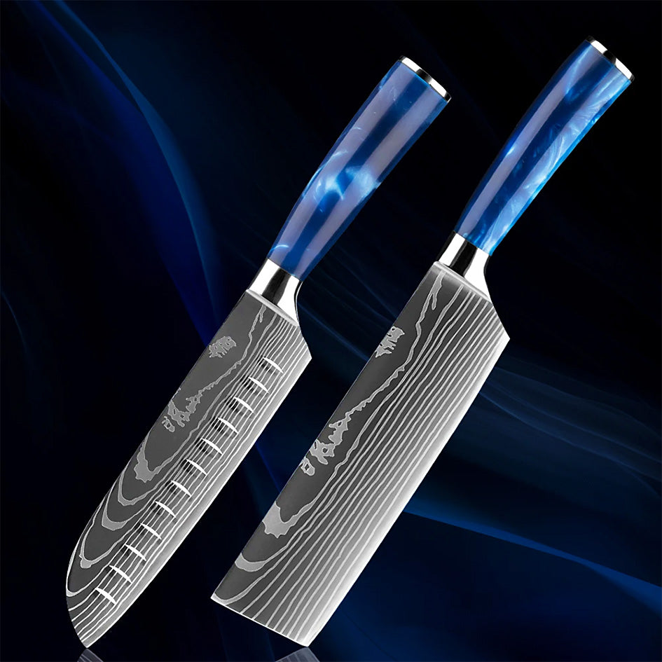 Two premium kitchen knives featuring Damascus-style steel blades and striking blue resin handles, set against a dark blue gradient background.