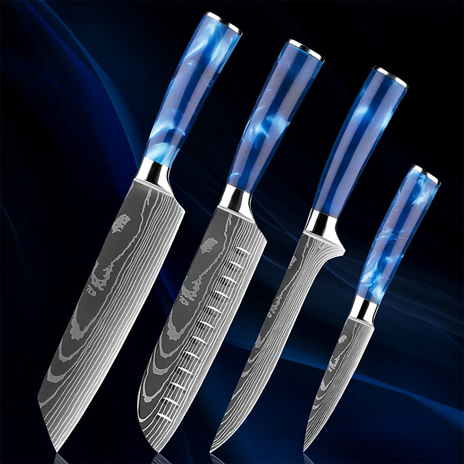 A set of four premium kitchen knives with Damascus-style steel blades and vibrant blue resin handles, displayed against a dark blue gradient background.