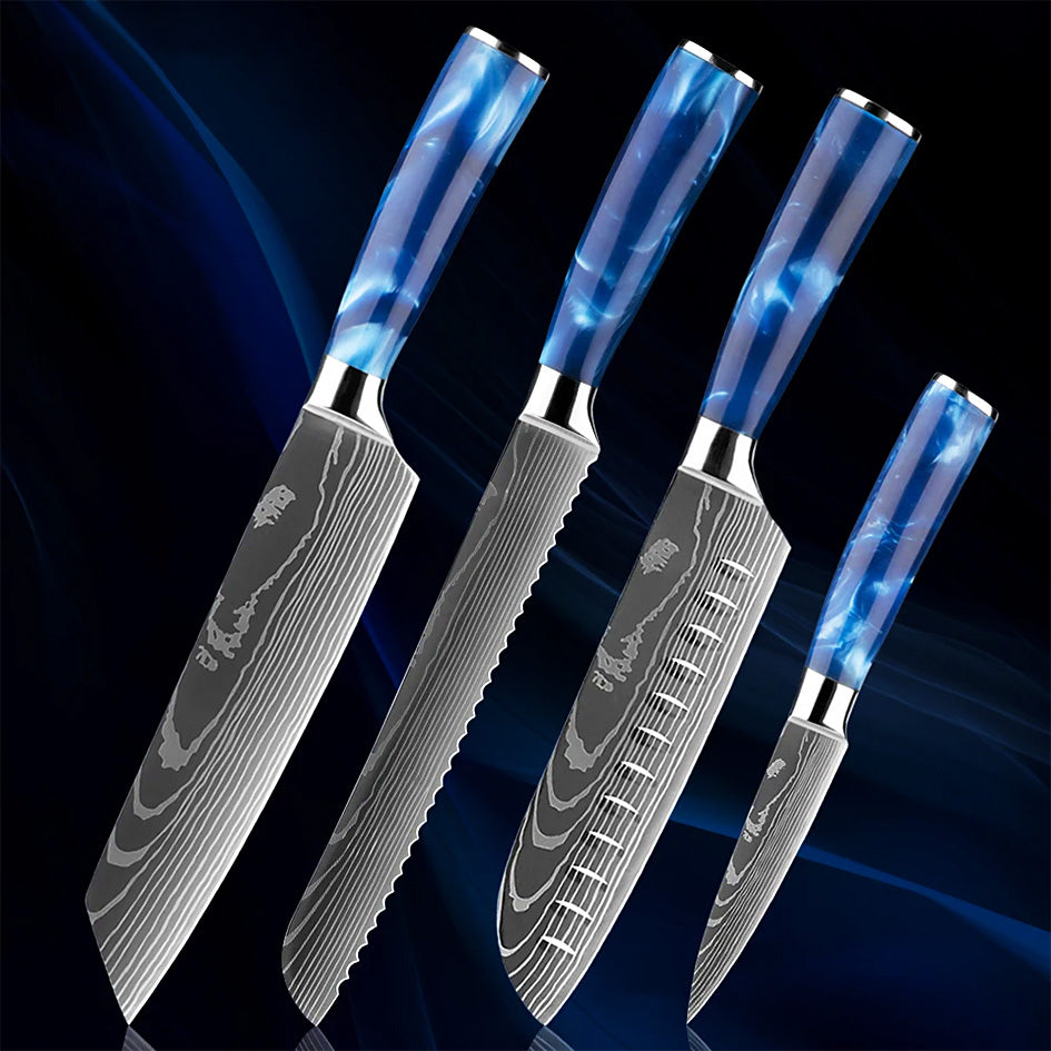 A set of four high-quality kitchen knives with Damascus-style steel blades and striking blue resin handles, displayed against a dark blue gradient background.