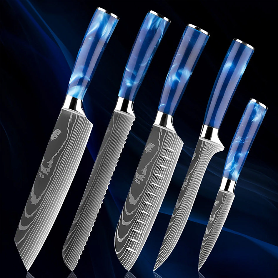 A premium five-piece kitchen knife set featuring Damascus-style steel blades and elegant blue resin handles, displayed against a dark blue gradient background.