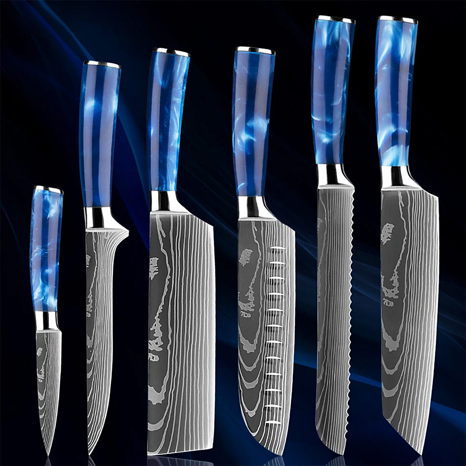 A six-piece Damascus-style kitchen knife set with blue resin handles, showcasing a variety of blade types for different cutting tasks, displayed against a dark blue gradient background.