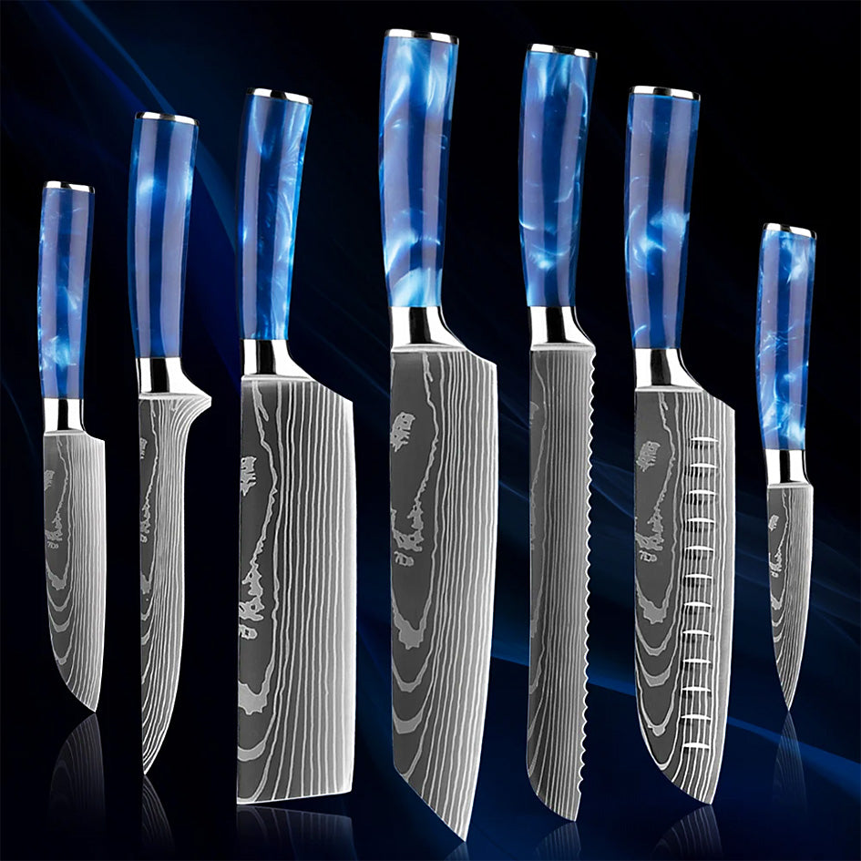 A seven-piece Damascus-style kitchen knife set with blue resin handles, featuring various blade types for different cutting needs, displayed against a dark blue gradient background.