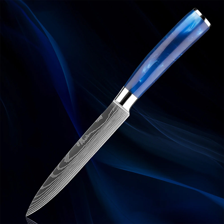 5" Razor Sharp Blue Slicing Knife with a Damascus steel blade and granton edge, designed for effortless slicing and chopping. Features an ergonomic blue resin handle for a secure grip and professional precision.