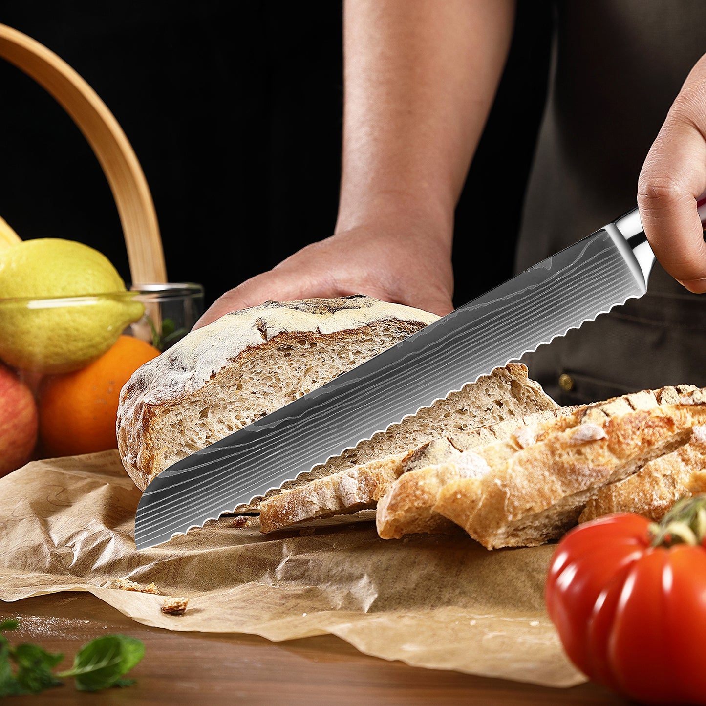 A 8" Razor Sharp Blue Bread Knife slicing through a rustic loaf with ease. The serrated Damascus steel blade ensures clean cuts, while the ergonomic handle provides a secure grip for effortless bread cutting.