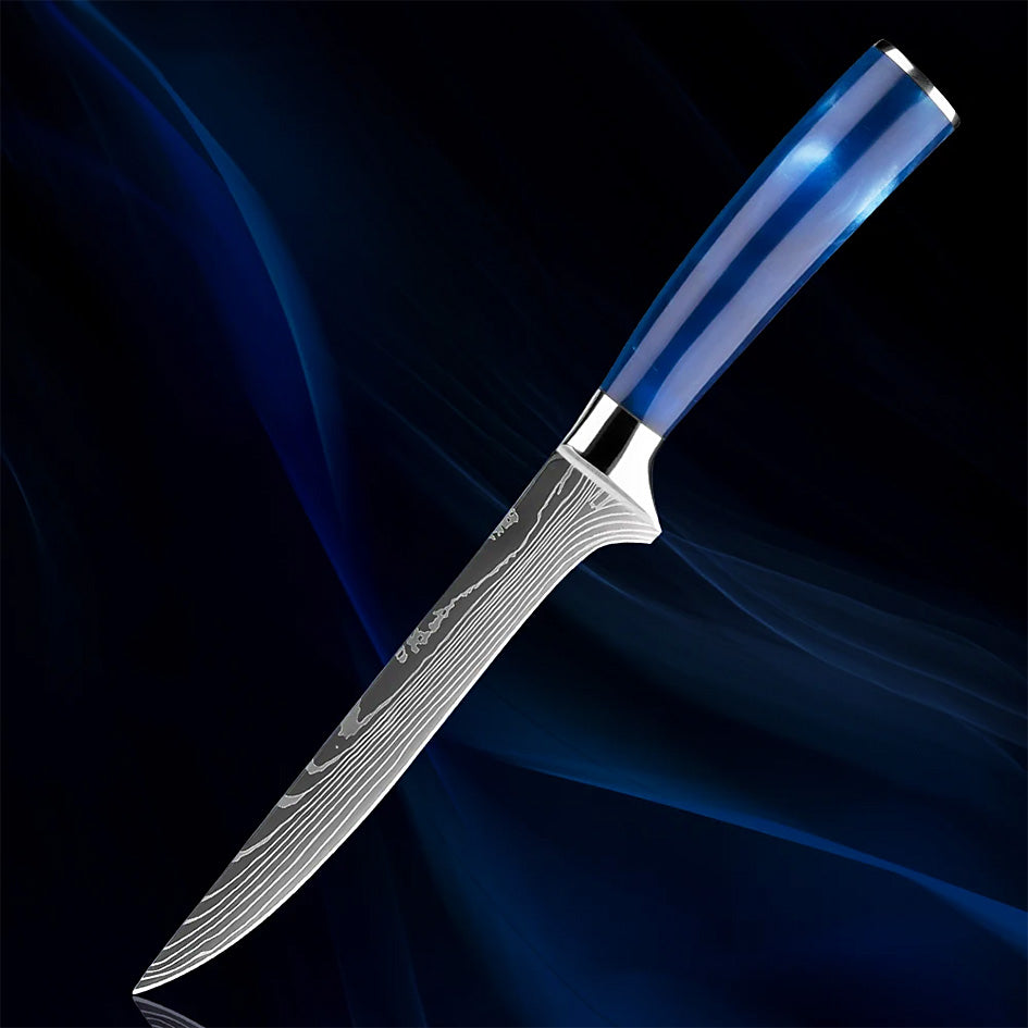 6" Razor Sharp Blue Boning Knife with a precision-forged Damascus steel blade, designed for effortless trimming, deboning, and filleting. Features an ergonomic blue resin handle for enhanced control and comfort.