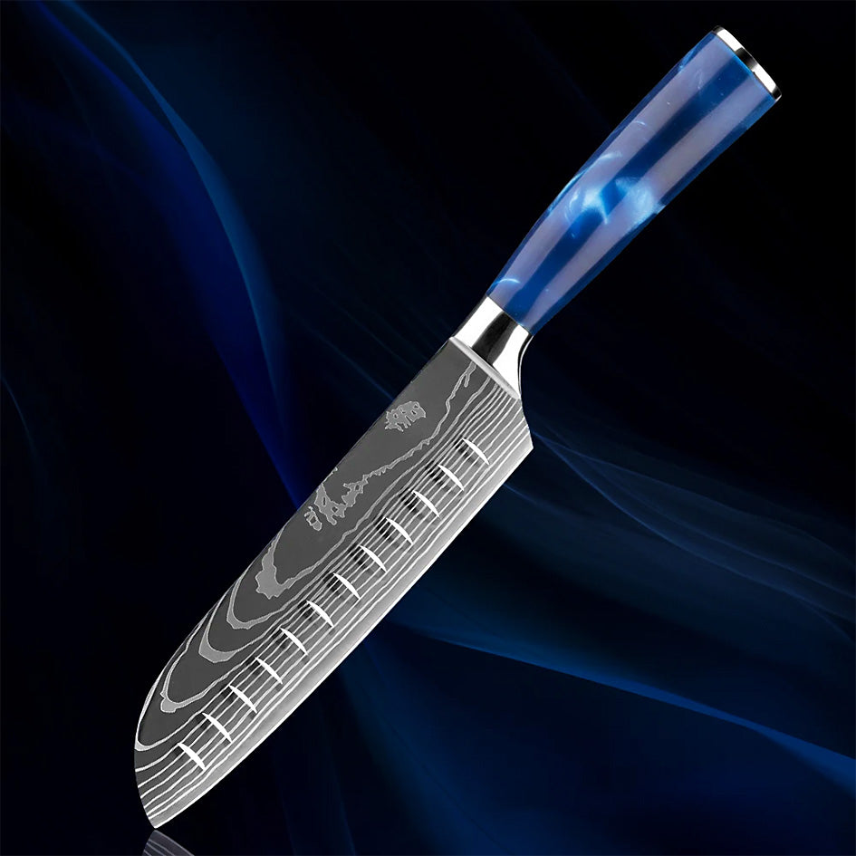 7" Razor Sharp Blue Santoku Knife with a Damascus steel blade and granton edge, designed for effortless slicing and chopping. Features an ergonomic blue resin handle for a secure grip and professional precision.