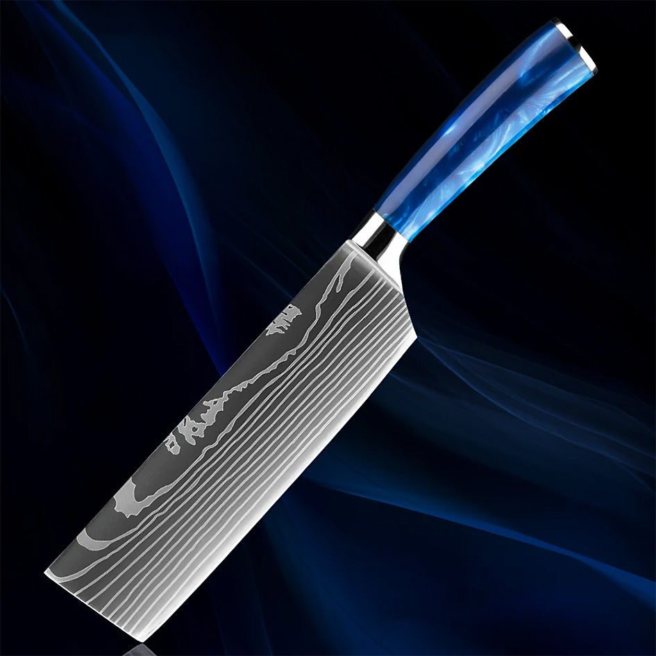 7" Razor Sharp Blue Nakiri Knife featuring a precision-forged Damascus steel blade, ideal for chopping and slicing vegetables with ease. Designed with an ergonomic blue resin handle for superior comfort and control.