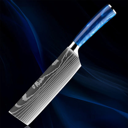 7" Razor Sharp Blue Nakiri Knife featuring a precision-forged Damascus steel blade, ideal for chopping and slicing vegetables with ease. Designed with an ergonomic blue resin handle for superior comfort and control.