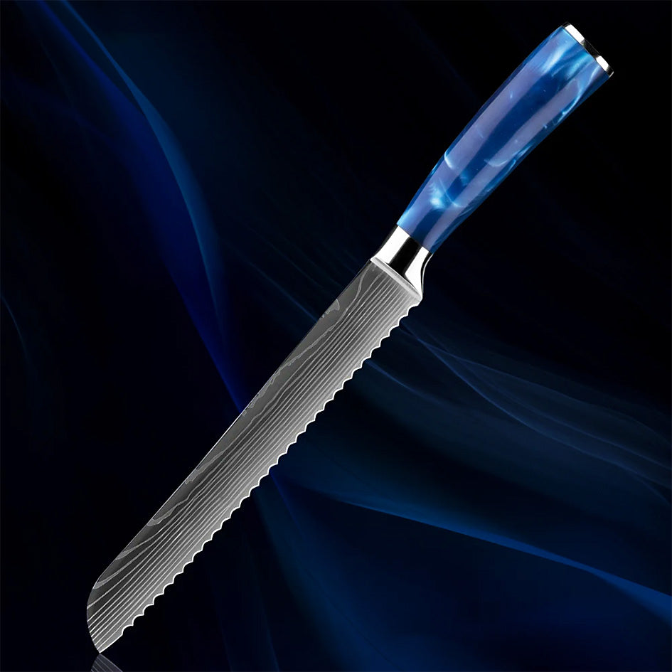 8" Razor Sharp Blue Bread Knife with a serrated Damascus steel blade, designed for effortless slicing through crusty bread and delicate pastries. Features a comfortable blue resin handle for a secure grip and precise control.