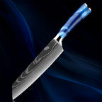 7.5" Razor Sharp Blue Kiritsuke Knife with a precision-forged Damascus steel blade. Designed for versatility, perfect for slicing, dicing, and chopping. Features a sleek blue resin handle for a secure grip and elegant style.