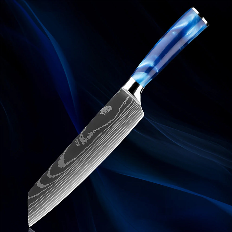 7.5" Razor Sharp Blue Kiritsuke Knife with a precision-forged Damascus steel blade. Designed for versatility, perfect for slicing, dicing, and chopping. Features a sleek blue resin handle for a secure grip and elegant style.