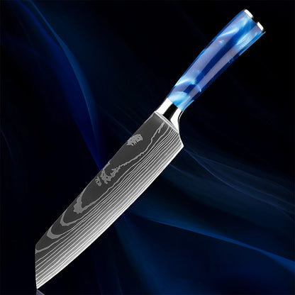 7.5" Razor Sharp Blue Kiritsuke Knife with a precision-forged Damascus steel blade. Designed for versatility, perfect for slicing, dicing, and chopping. Features a sleek blue resin handle for a secure grip and elegant style.