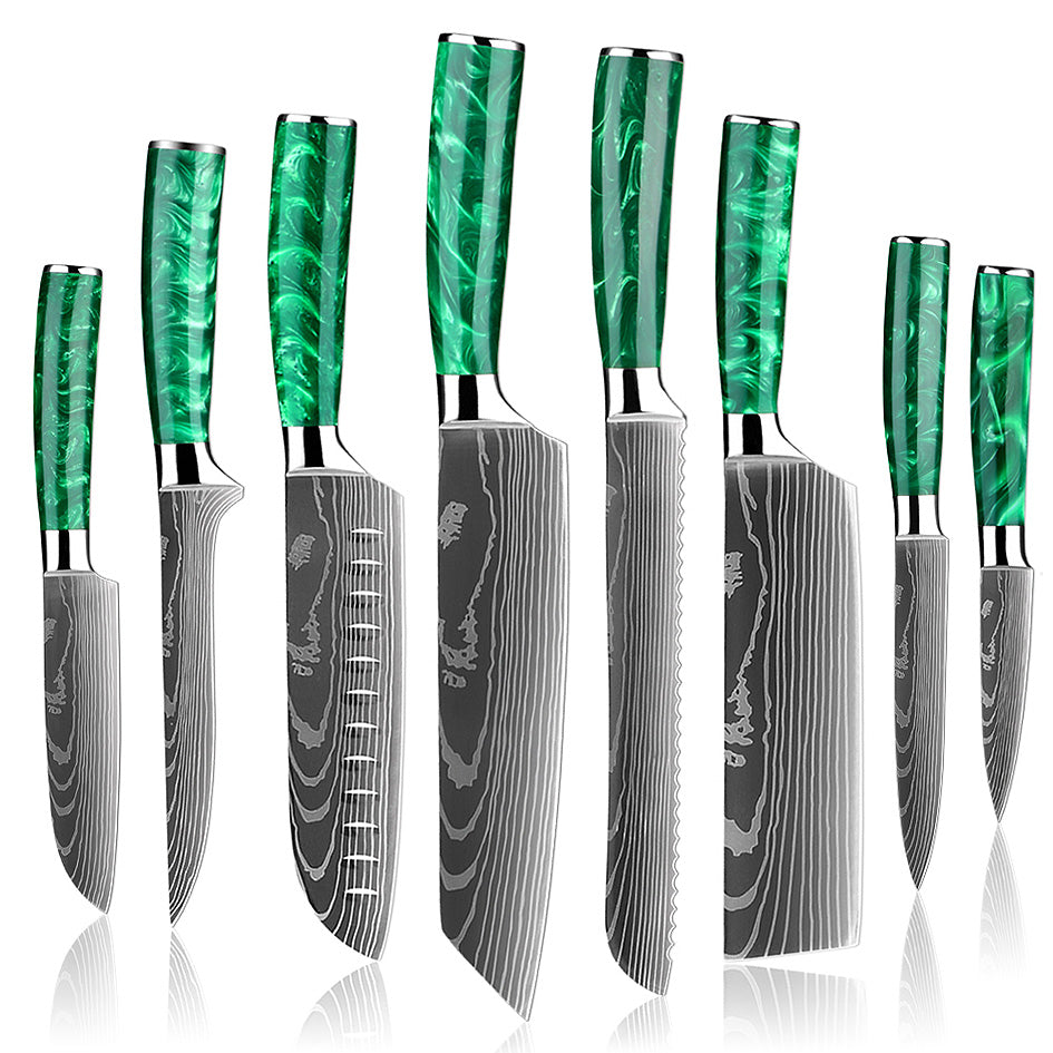 Premium Kitchen Knife Set - Razor Sharp Green with high-carbon steel blades and ergonomic green resin handles. Designed for precision, durability, and elegance. Order now: https://www.greengrillshop.com/products/kitchen-knife-set-razor-sharp-green