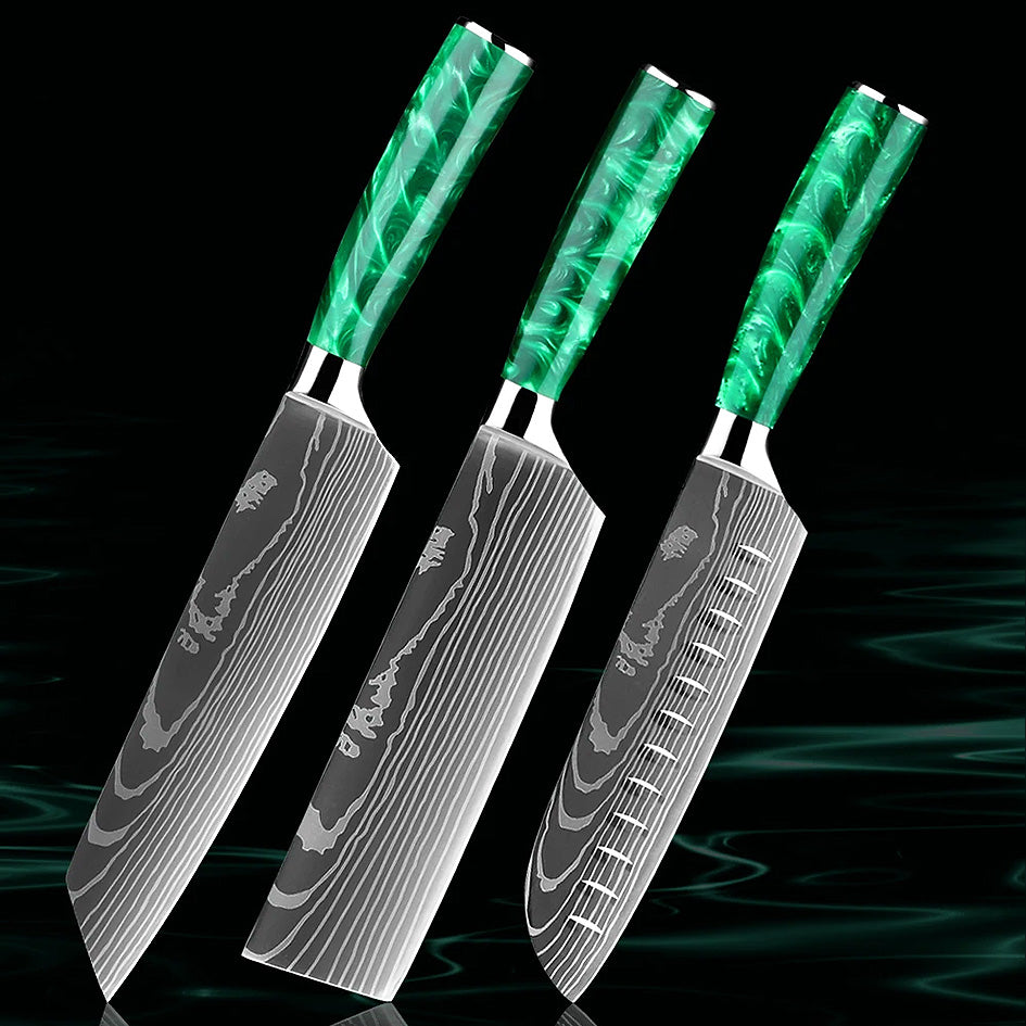 Three essential knives from the Kitchen Knife Set - Razor Sharp Green: Kiritsuke, Nakiri, and Santoku. Featuring razor-sharp blades and ergonomic green resin handles for precision and comfort. Get yours here: https://www.greengrillshop.com/products/kitchen-knife-set-razor-sharp-green