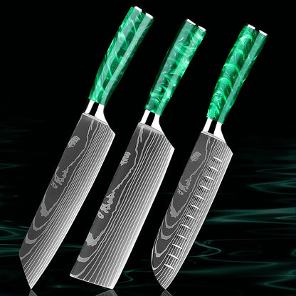 Three essential knives from the Kitchen Knife Set - Razor Sharp Green: Kiritsuke, Nakiri, and Santoku. Featuring razor-sharp blades and ergonomic green resin handles for precision and comfort. Get yours here: https://www.greengrillshop.com/products/kitchen-knife-set-razor-sharp-green