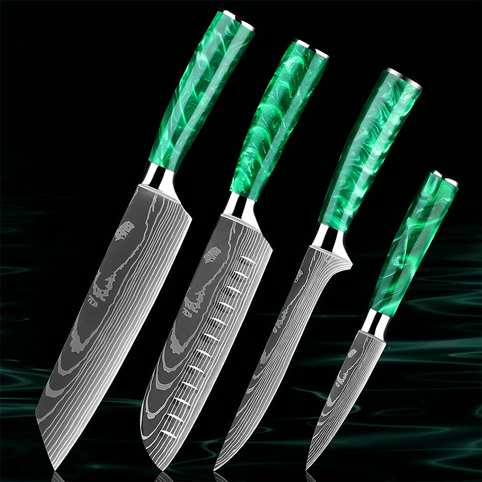 Four-piece Kitchen Knife Set - Razor Sharp Green, featuring Kiritsuke, Santoku, Boning, and Paring knives. Precision cutting with high-carbon steel blades and ergonomic green resin handles. Get yours here: https://www.greengrillshop.com/products/kitchen-knife-set-razor-sharp-green