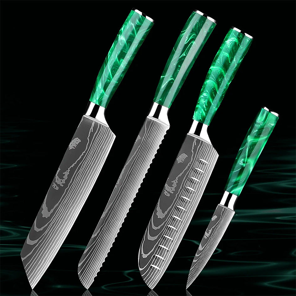 Premium Kitchen Knife Set - Razor Sharp Green. Includes Kiritsuke, Bread, Santoku, and Paring knives. High-carbon steel blades and ergonomic green resin handles for precision and comfort. Order now: https://www.greengrillshop.com/products/kitchen-knife-set-razor-sharp-green