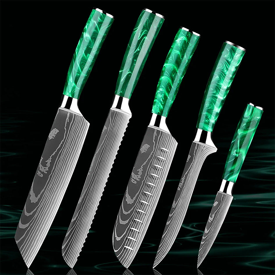 Kitchen Knife Set - Razor Sharp Green. Featuring Kiritsuke, Bread, Santoku, Boning, and Paring knives with high-carbon steel blades and ergonomic green resin handles for precision cutting. Shop now: https://www.greengrillshop.com/products/kitchen-knife-set-razor-sharp-green