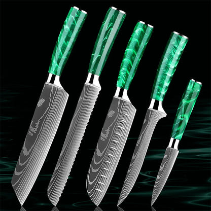 Kitchen Knife Set - Razor Sharp Green. Featuring Kiritsuke, Bread, Santoku, Boning, and Paring knives with high-carbon steel blades and ergonomic green resin handles for precision cutting. Shop now: https://www.greengrillshop.com/products/kitchen-knife-set-razor-sharp-green
