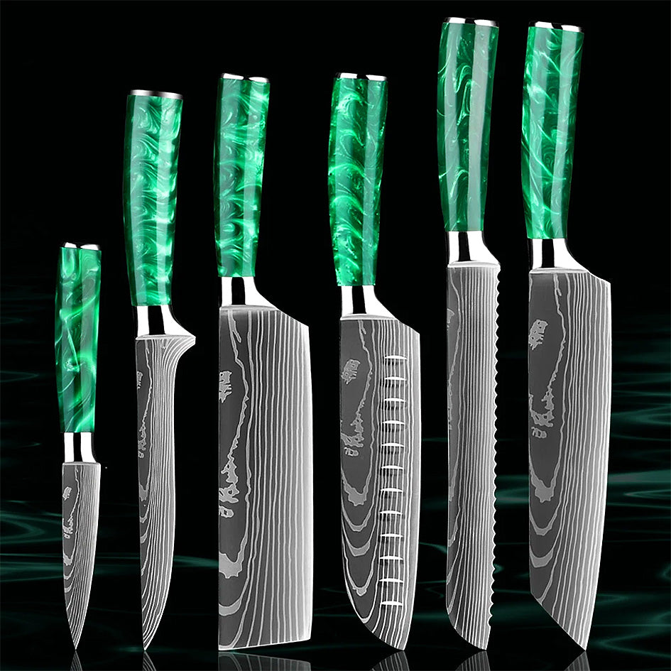 Kitchen Knife Set - Razor Sharp Green. A premium 6-piece set with precision steel blades and vibrant green resin handles, designed for effortless slicing, chopping, and dicing. Upgrade your kitchen: https://www.greengrillshop.com/products/kitchen-knife-set-razor-sharp-green