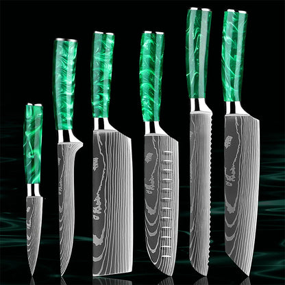 Kitchen Knife Set - Razor Sharp Green. A premium 6-piece set with precision steel blades and vibrant green resin handles, designed for effortless slicing, chopping, and dicing. Upgrade your kitchen: https://www.greengrillshop.com/products/kitchen-knife-set-razor-sharp-green